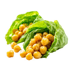 Chickpeas in fresh lettuce leaves isolated on transparent background.