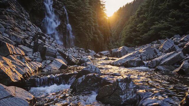 A flowing river cascades over rocky terrain, reflecting the sunlight. Tall trees frame the scenic waterfall, creating a serene natural landscape.