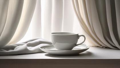 A Minimalist Light Gray Ceramic Coffee Cup And Saucer Bathed In Soft Natural Light Filtering Through Sheer Curtains