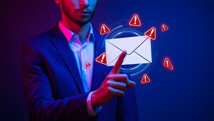 Email security software detecting phishing or scam mail and displaying warning alert. Business person touching email icon to delete malicious emails.