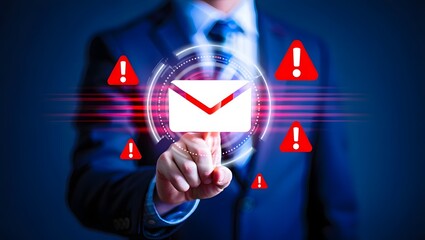 Email security software detecting phishing or scam mail and displaying warning alert. Business person touching email icon to delete malicious emails.