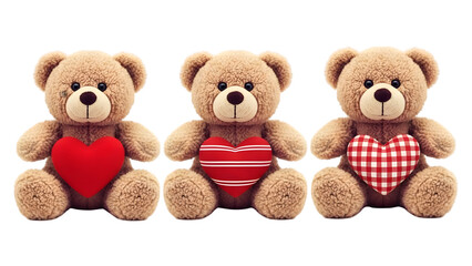 Obraz premium Three teddy bears holding hearts isolated on transparent background