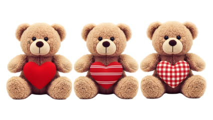 Three teddy bears holding hearts isolated on transparent background
