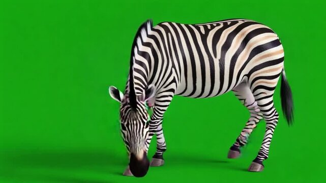 African Zebra Grazing on Grass Isolated on Green Screen Background