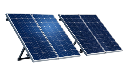Close-up view of two solar panel arrays. Each array consists of multiple individual photovoltaic modules mounted on a metal frame, ready to absorb sunlight