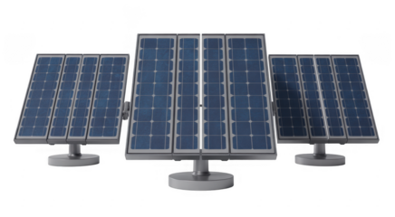 Three Adjustable Solar Panels on Stands renewable energy isolated on a transparent background