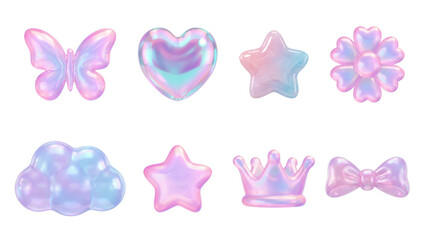 Y2K Holographic Icon Grid with Hearts, Stars and Cute Pastel Symbols.