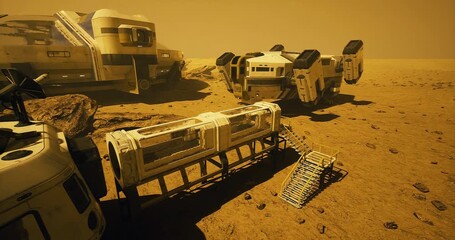 Futuristic habitat structures and vehicles are positioned on a distant planets surface under a cloudy atmosphere. The setting suggests a pioneering exploration mission.
