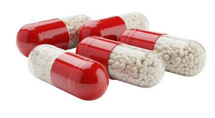 Red and white capsules with small white pills inside isolated on a transparent background