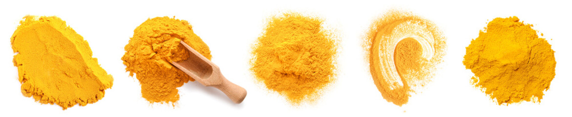 Set of aromatic turmeric powder on white background, top view © Pixel-Shot