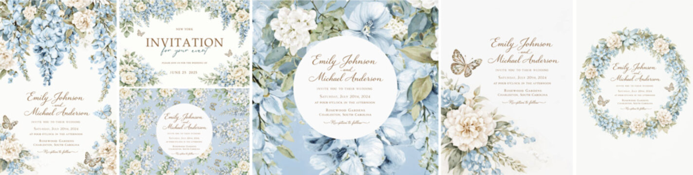 Elegant watercolor wedding invitation set with blue and white floral arrangements, soft greenery and classic typography, perfect for romantic weddings, bridal stationery and luxury event design.