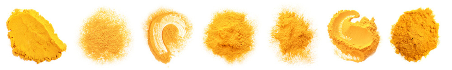 Set of aromatic turmeric powder on white background, top view © Pixel-Shot