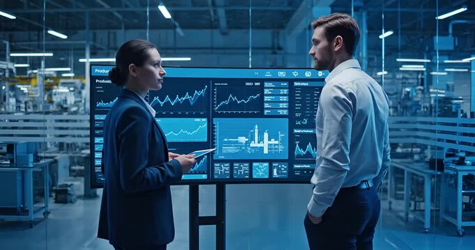 4K Smart Factory Managers Analyzing Production Data