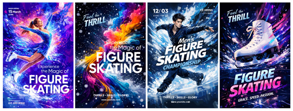 Dynamic figure skating poster set with male and female skaters, ice motion effects and vibrant colors, perfect for championships, sports events, winter shows and skating promotions.