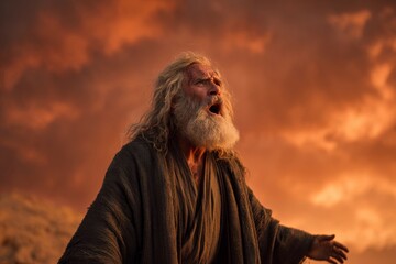 Elderly Prophet Proclaiming at Fiery Sunset