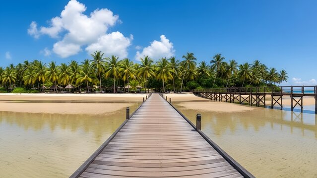 Wooden boardwalk leading to a tropical island with palm trees under a bright blue sky and white clouds. - Powered by Adobe