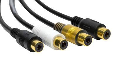 A close-up showing four colored (black, white, gold) and black electronic connection cables on a black backdrop