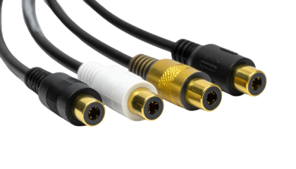 A close-up showing four colored (black, white, gold) and black electronic connection cables on a black backdrop