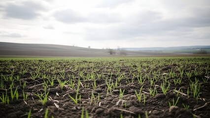 Fototapeta premium Young green shoots emerge from fertile soil in a vast agricultural field under a cloudy sky.