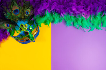 Vibrant Mardi Gras background with mask, beads, and festive decorations
