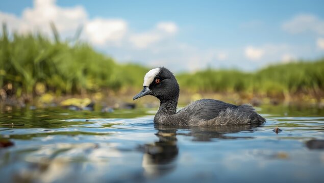 Juvenile Eurasian coot (Fulica atra) foraging in a lake