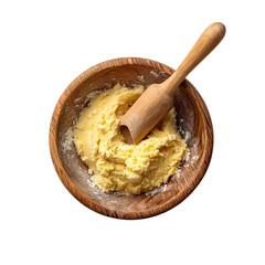 Homemade Pastry Dough in Wooden Bowl Baking ingredient preparation isolated on transparent background.