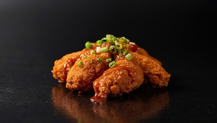 Korean fried chicken against a dark backdrop