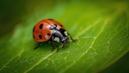 Fototapeta premium Ladybug on green leaf in detail