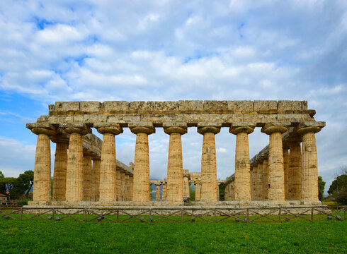 Temple of Hera in Paestum, Greek temple of Magna Graecia, the ruins of the ancient city of Paestum. UNESCO World Heritage Site, municipality of Capaccio, province of Salerno, Italy