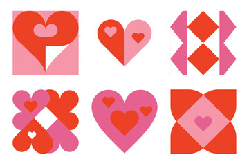 A collection of six abstract graphic elements featuring stylized hearts and geometric shapes in shades of pink and red, arranged in a two-by-three grid on a white background.