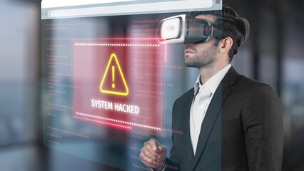 A businessman interacts with a virtual reality headset while facing a digital warning about a hacked system in a modern office, highlighting cybersecurity challenges. Raster