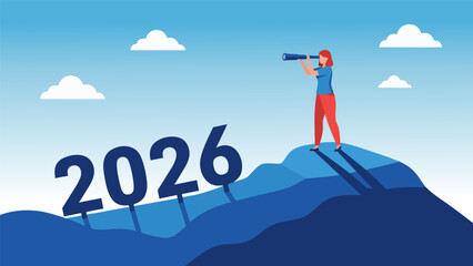 Obraz premium Vector illustration of a person looking towards the future with the year 2026, symbolizing ambition and new beginnings