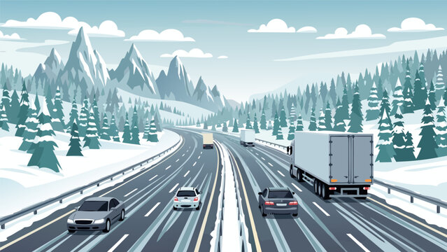 Winter highway traffic vector illustration with cars and trucks on a snowy mountain road