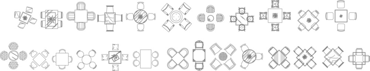Comprehensive vector library of top-view small table sets, featuring various 2 to 4-person square, round, and rectangular arrangements for cafe and residential floor plans. © Riki