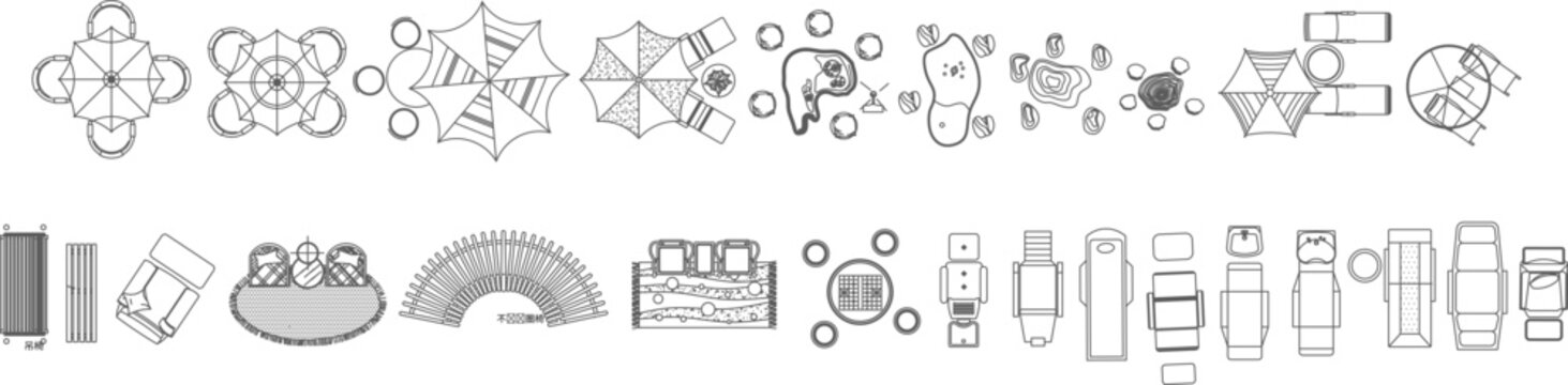 Comprehensive vector library of top-view outdoor leisure sets, featuring patio umbrellas, garden arrangements, pool lounges, and specialized salon/spa furniture for landscape plans