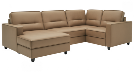 Beige leather sectional sofa with ottoman isolated on a transparent background