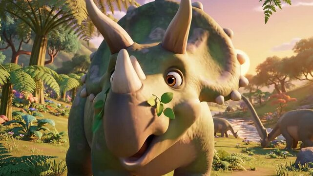 Cute animated triceratops eating foliage,fantasy