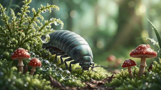 Pillbug rolls through magical forest setting