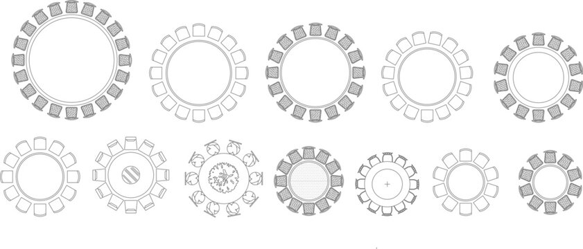 Professional vector library of large top-view circular table sets, featuring 8 to 20-person arrangements for grand banquet halls and corporate conference rooms.