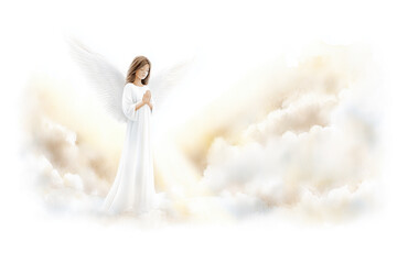 Fototapeta premium Watercolor Woman Angel with Wings in Clouds Isolated on White Background