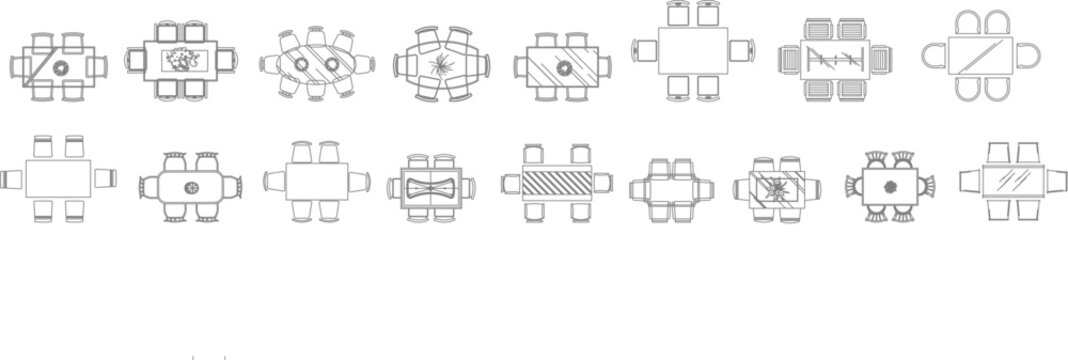 Comprehensive vector library of top-view table sets, featuring various rectangular and oval dining or meeting tables with chairs for professional interior floor plans.