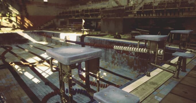 Long neglected swimming pool shows empty lanes and broken starting blocks as rays of sunlight filter through dusty windows, highlighting the state of disrepair and abandonment.