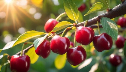 Obraz premium Ripe Red Cornelian Cherries Hang On A Branch Among Green Leaves Glowing In The Summer Sunlight A Vivid Display Of Seasonal Fruit And Natural Freshness