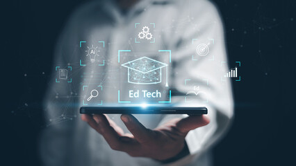 Education technology concept. Smartphone displaying EdTech interface, online learning icons, AI innovation, data analytics. Modern learning, e-learning platform and future knowledge development.