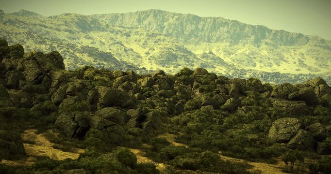 A scenic view of rugged terrain with scattered boulders and lush vegetation under soft afternoon light, showcasing a majestic mountain range in the background.