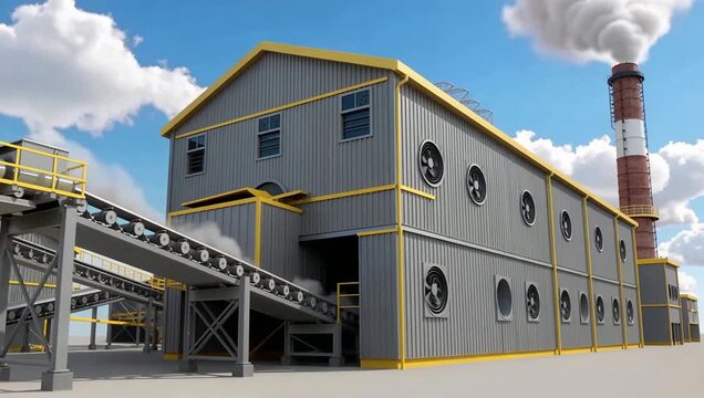 Industrial factory building with smokestack exterior and stairs.