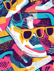 Retro seamless design featuring neon sunglasses, chunky sneakers, and playful patterns 