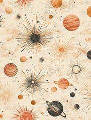 Retro starburst pattern with planets and cosmic motifs, warm muted colors