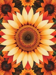 Retro sunflower-inspired design, symmetrical layout, warm vibrant hues 