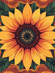 Retro sunflower-inspired design, symmetrical layout, warm vibrant hues 